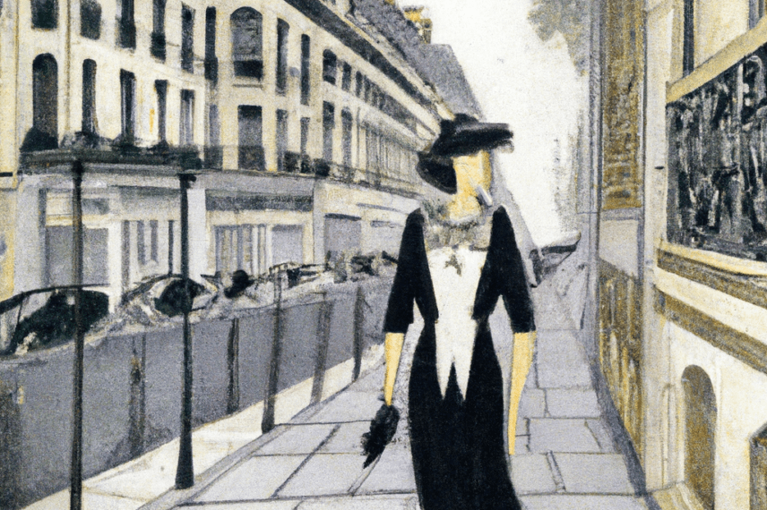 Charisma-Franse-Vrouwen-An-jugendstil-painting-of-the-streets-of-Paris-with-a-stylish-parisienne-dressed-in-black-suit-walking-on-the-sidewalk