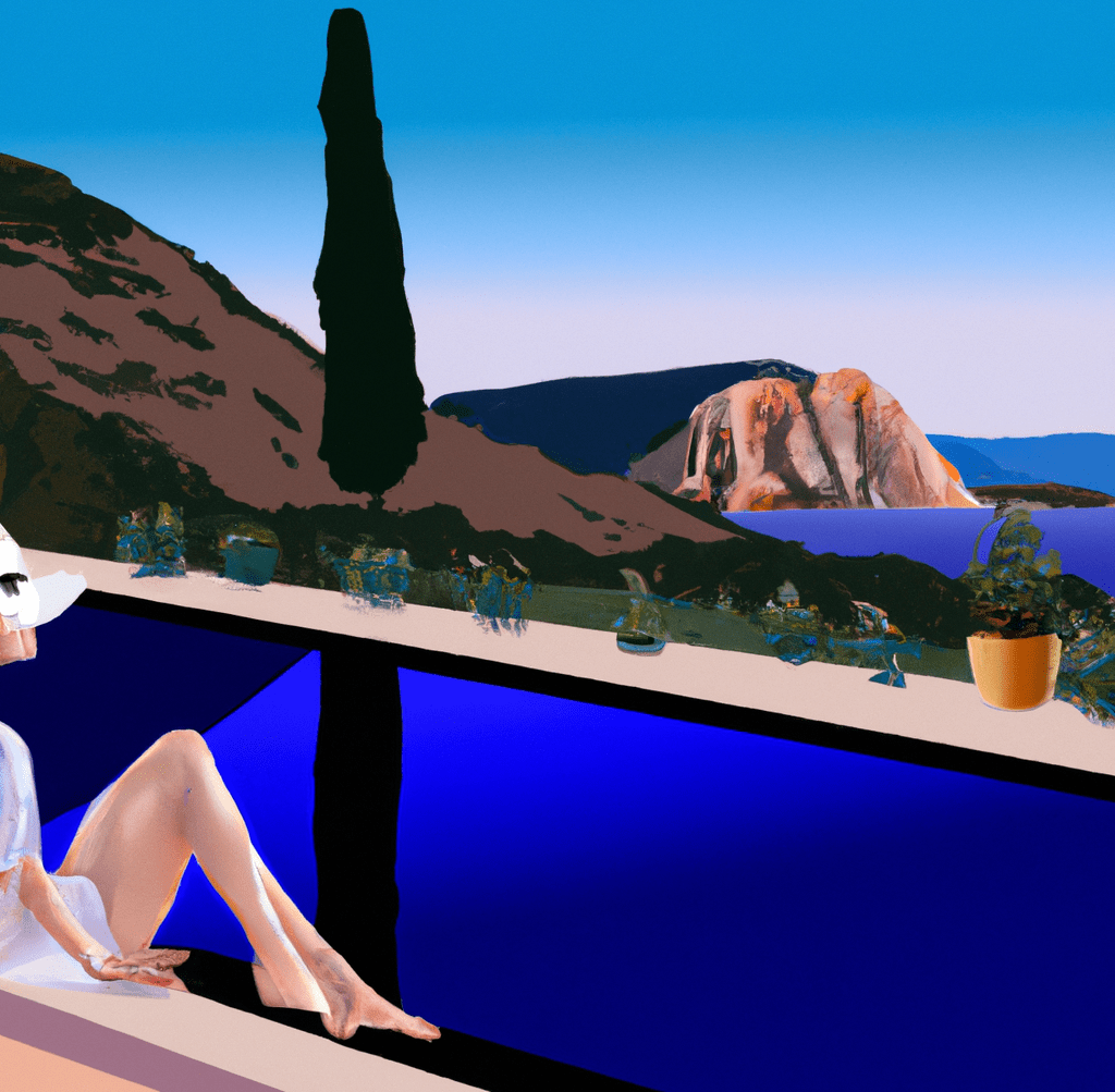 Autoroutes-Frankrijk-a-painting-in-the-style-of-Edward-Hopper-of-a-stylish-French-lady-sitting-by-an-infinity-pool-with-mountains-in-the-background-in-the-French-countryside