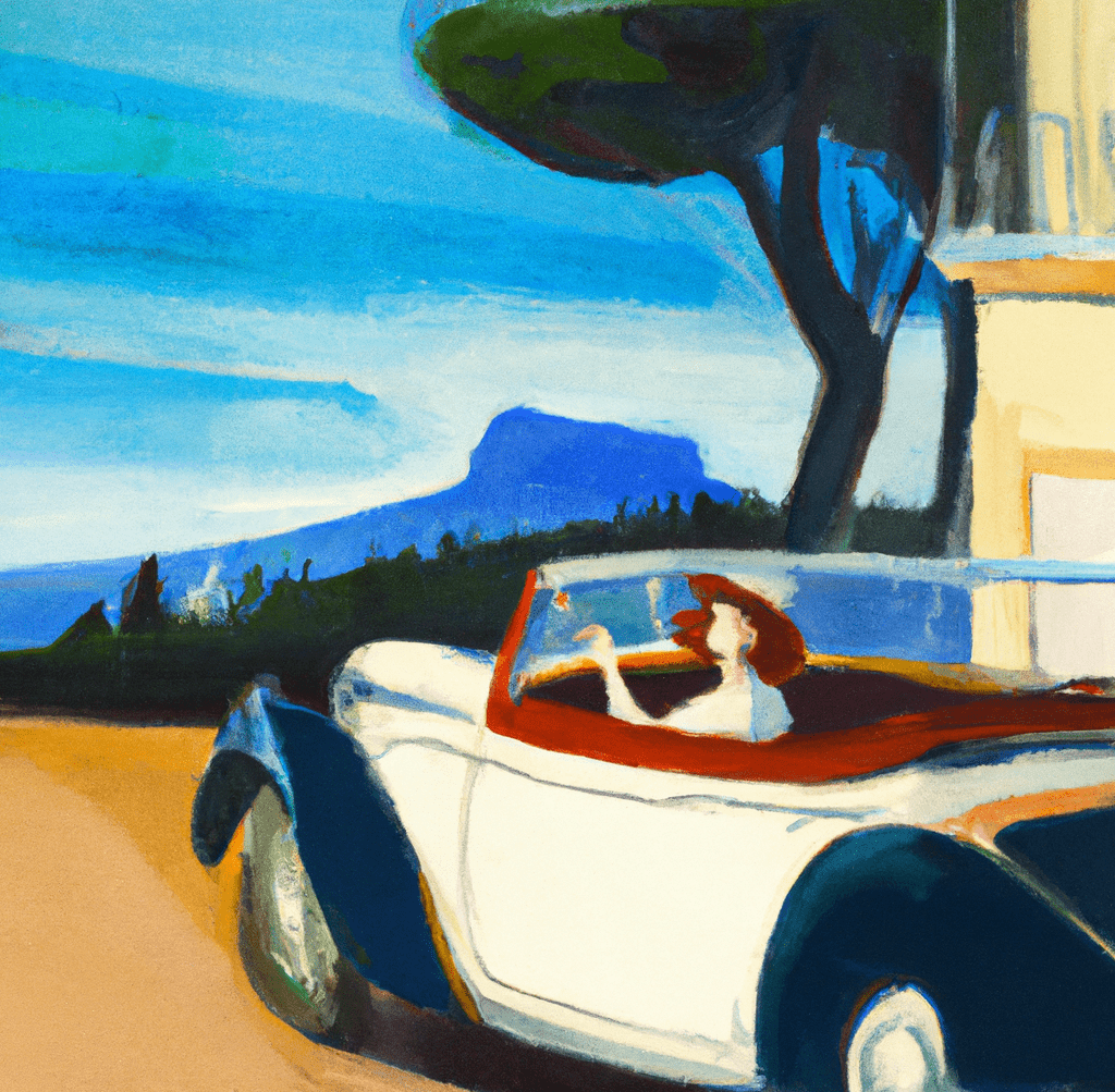 Autoroutes-Frankrijk-A-painting-in-the-style-of-Edward-Hopper-where-a-classy-French-lady-is-in-a-vintage-car-driving-through-the-French-Riviera